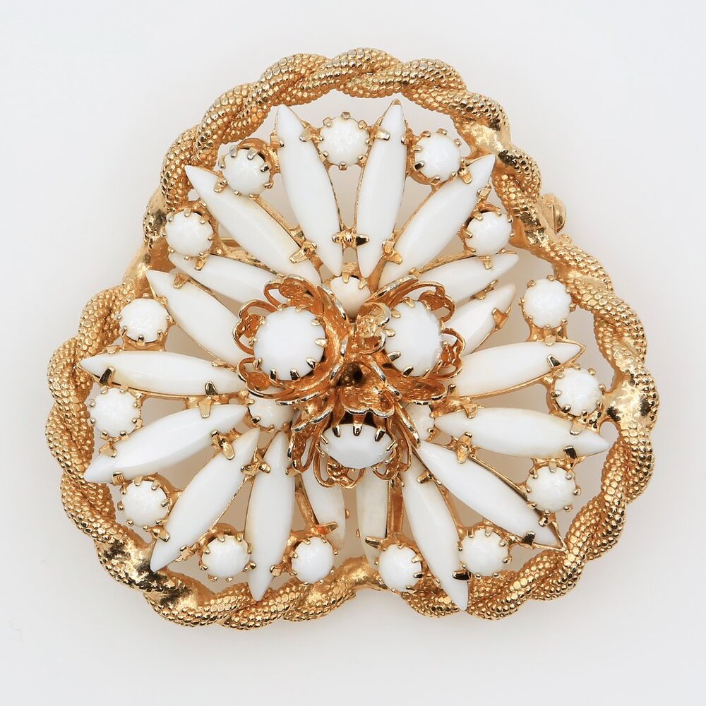 Vintage 3D Gold Tone Milk Glass Rhinestone Floral and Starburst‎ Brooch 1950s